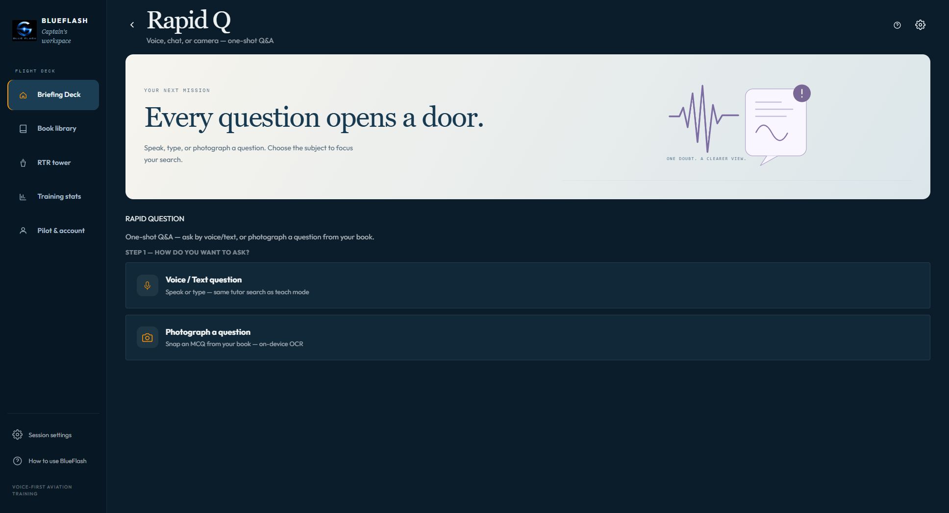 Actual Rapid Q screen in BlueFlash, with voice or text and photograph-a-question choices